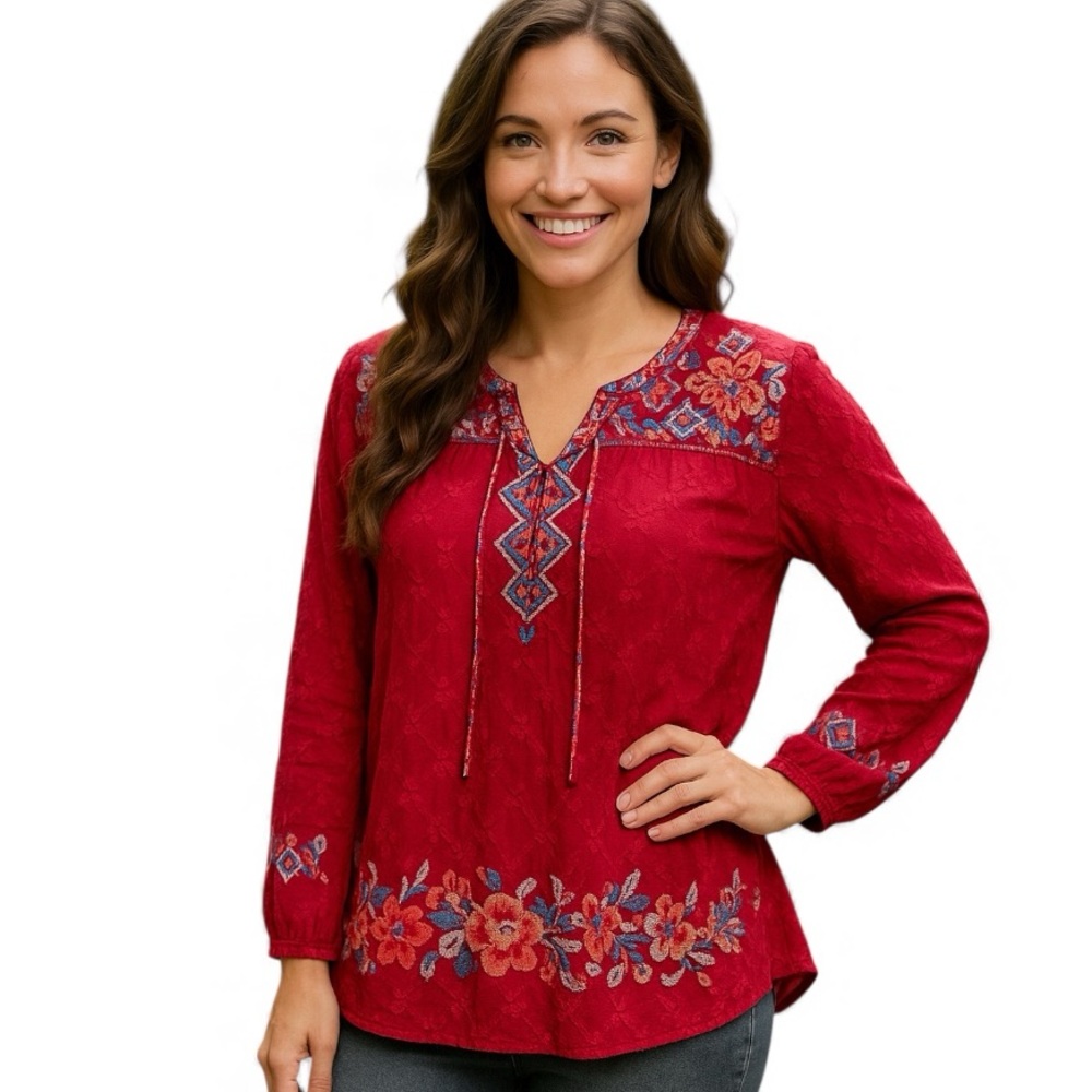 Johnny Was Gina tie neck heavily embroidered blouse NWT RARE